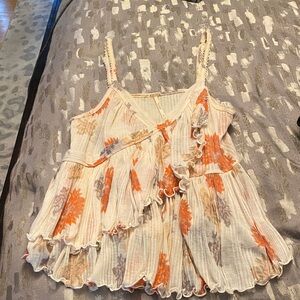 Free People Floral Ruffle Tank Top - Orange and Cream